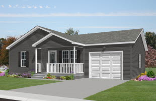 Paradise floor plan dark grey with white trim, one car garage 